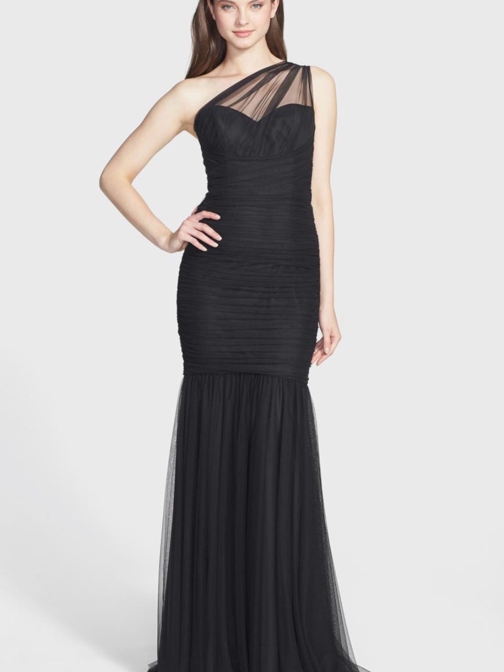 Amsale BURGUNDY One-Shoulder Tulle Mermaid Gown